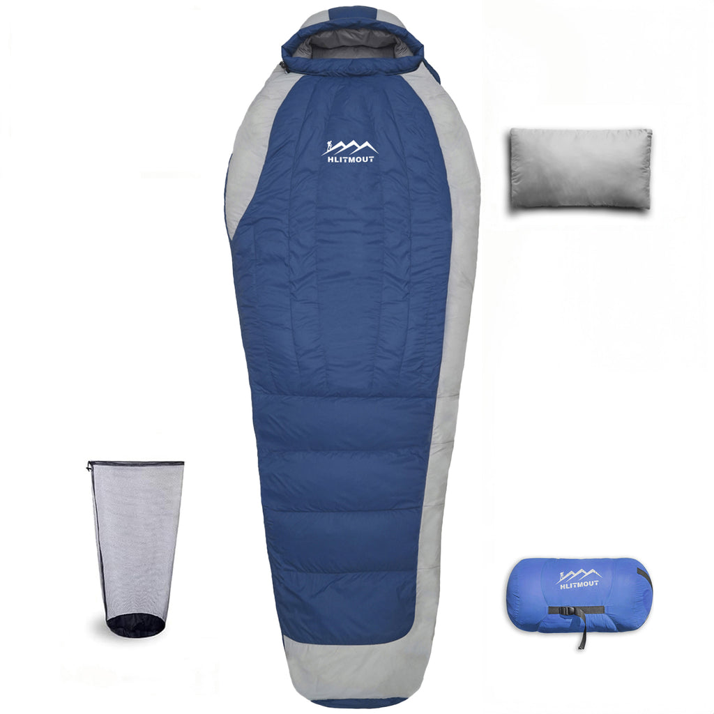 HLITMOUT XXL Oversized Wide Mummy Sleeping Bag, 1000g 680FP Warm Blue Down Sleeping Bag for Cold Weather Camping