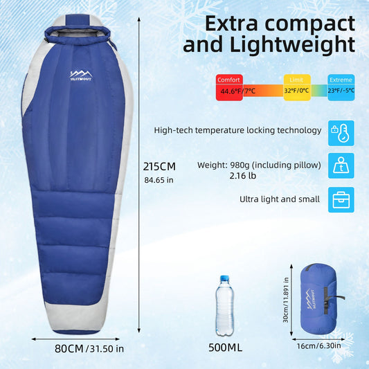 Hlitmout Ultralight Mummy Down Sleeping Bag(Blue and grey)