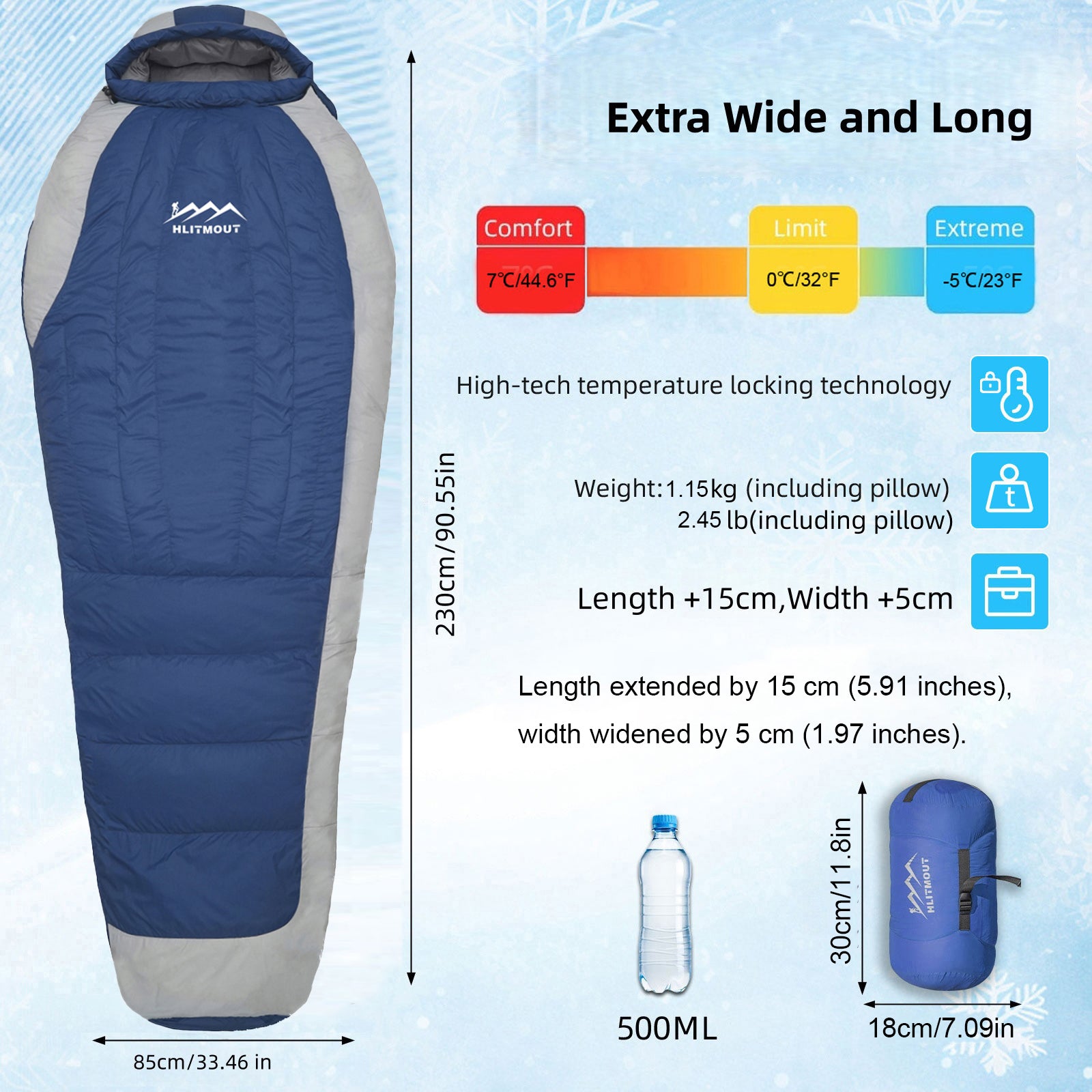 HLITMOUT Oversized Wide XXL Mummy Blue Sleeping Bag, 680FP 500g Down for Backpacking, Camping & Outdoor Adventures