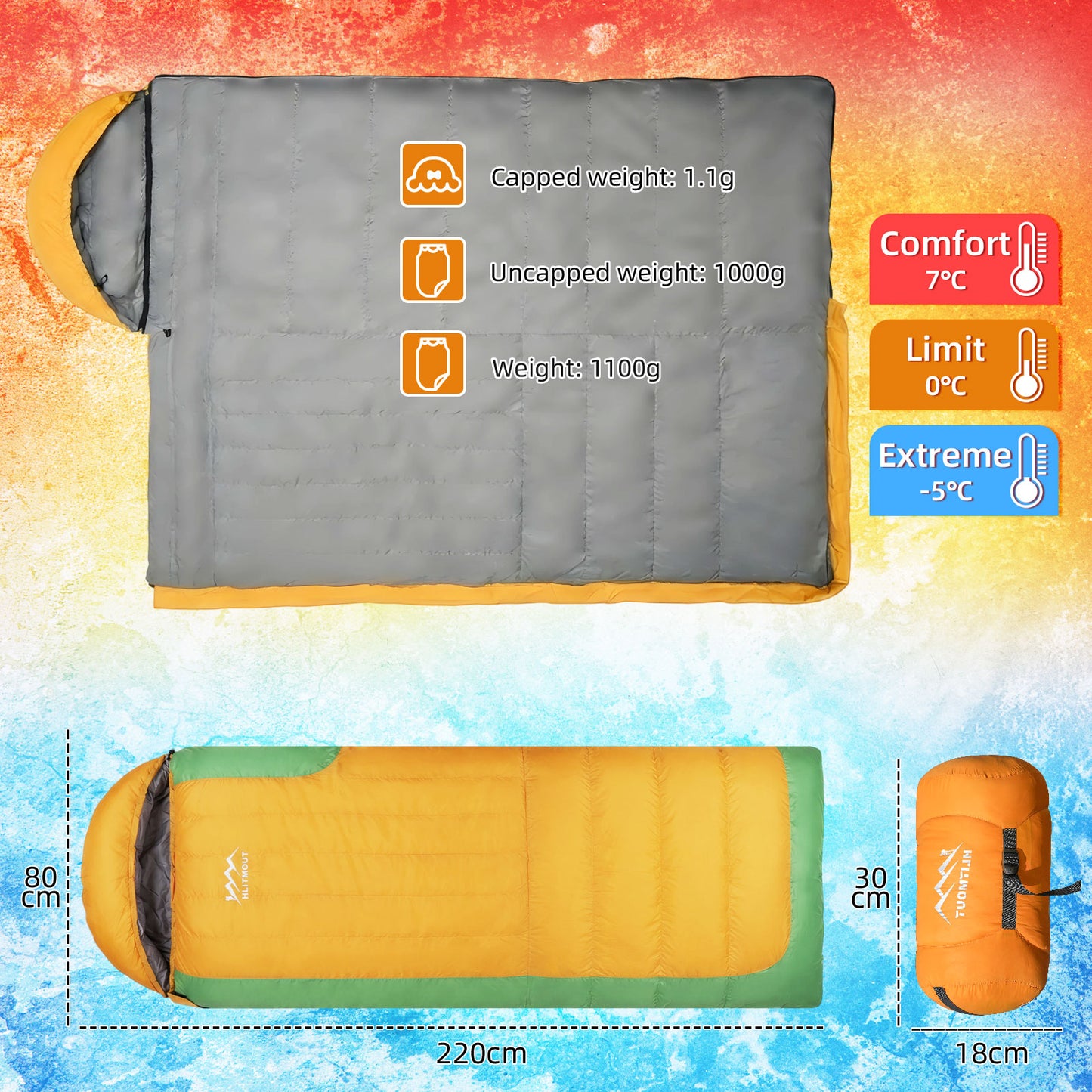 HLITMOUT Rectangular Down Sleeping Bag (Orange and Green)