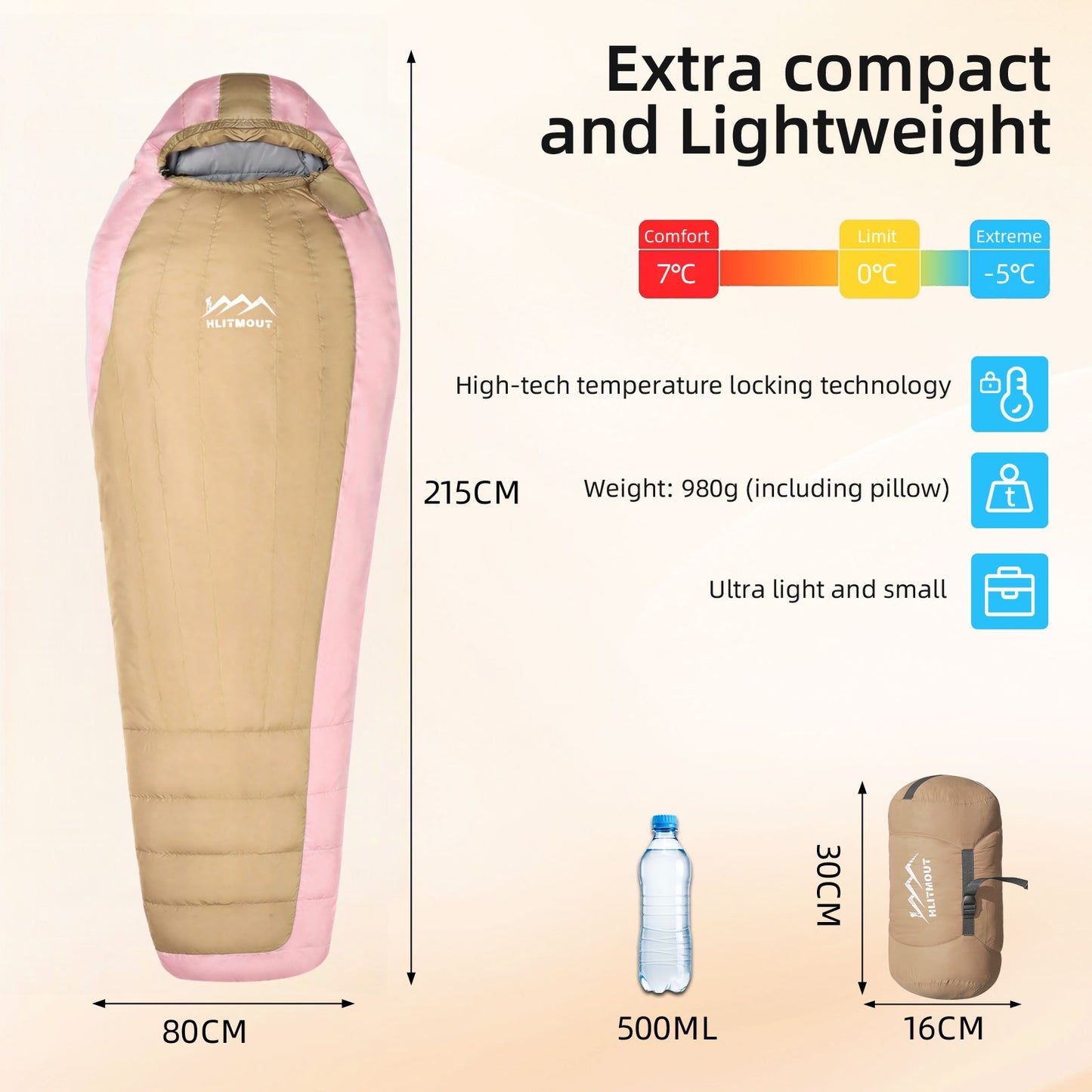 HLITMOUT Ultralight Mummy Down Sleeping Bag(Yellow and Pink)