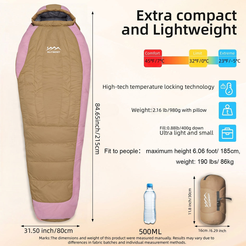 HLITMOUT Down Sleeping Bag 4 Season,Cold Weather Sleeing Bag 800g filling down