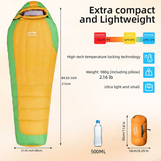 HLITMOUT Ultralight Mummy Down Sleeping Bag(Orange and Green)