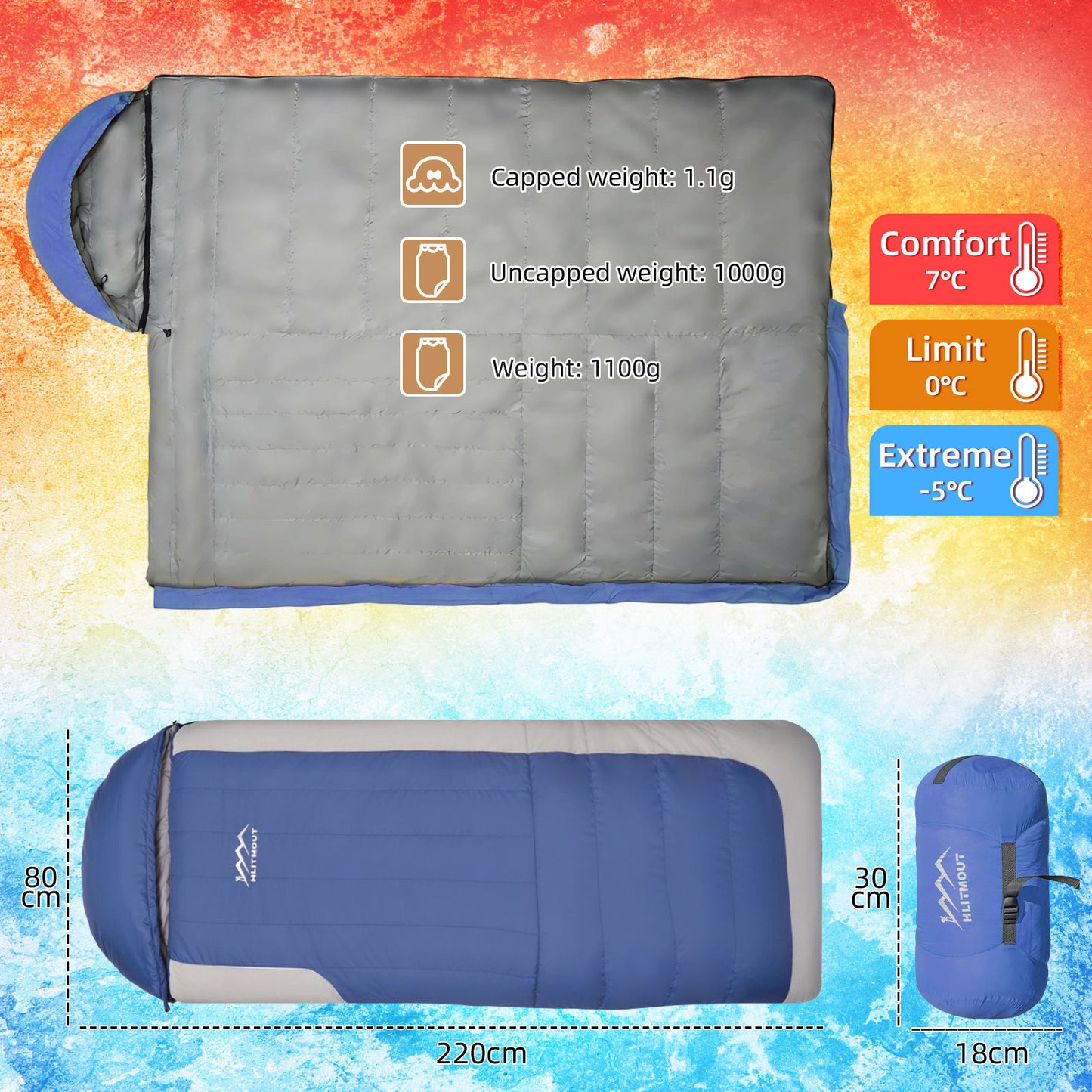 HLITMOUT Rectangular Down Sleeping Bag (Blue)