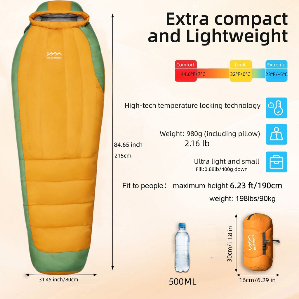 HLITMOUT Ultralight Down Sleeping Bag for 3 Season, 400g Filling down
