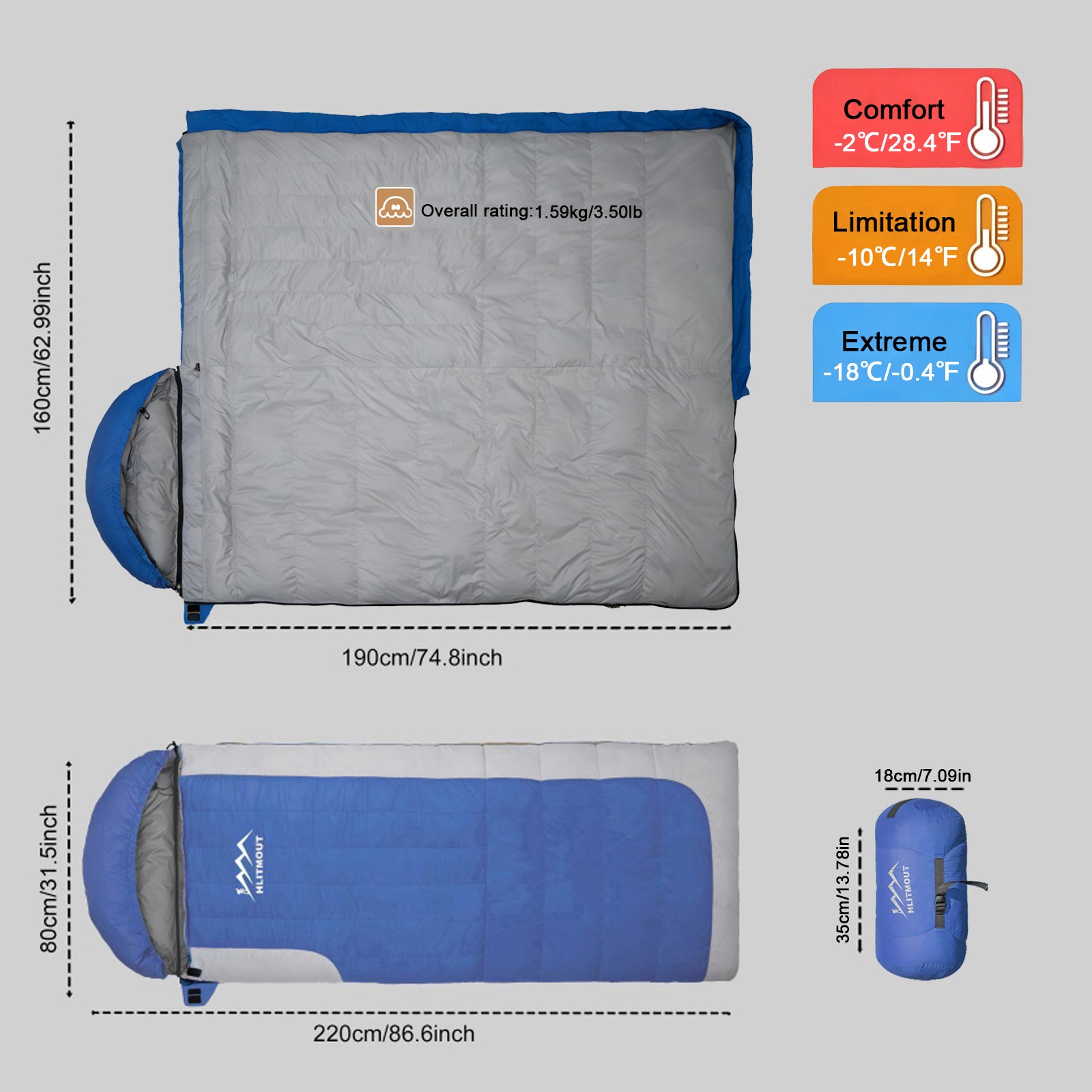 HLITMOUT Down Sleeping Bag 680FP 1000g Filling for Outdoor Camping