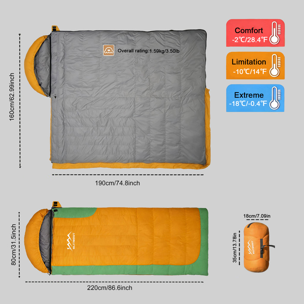 HLITMOUT Women’s Orange Envelope 3-in-1 Down Sleeping Bag | 680FP 1000g Fill for Outdoor Camping