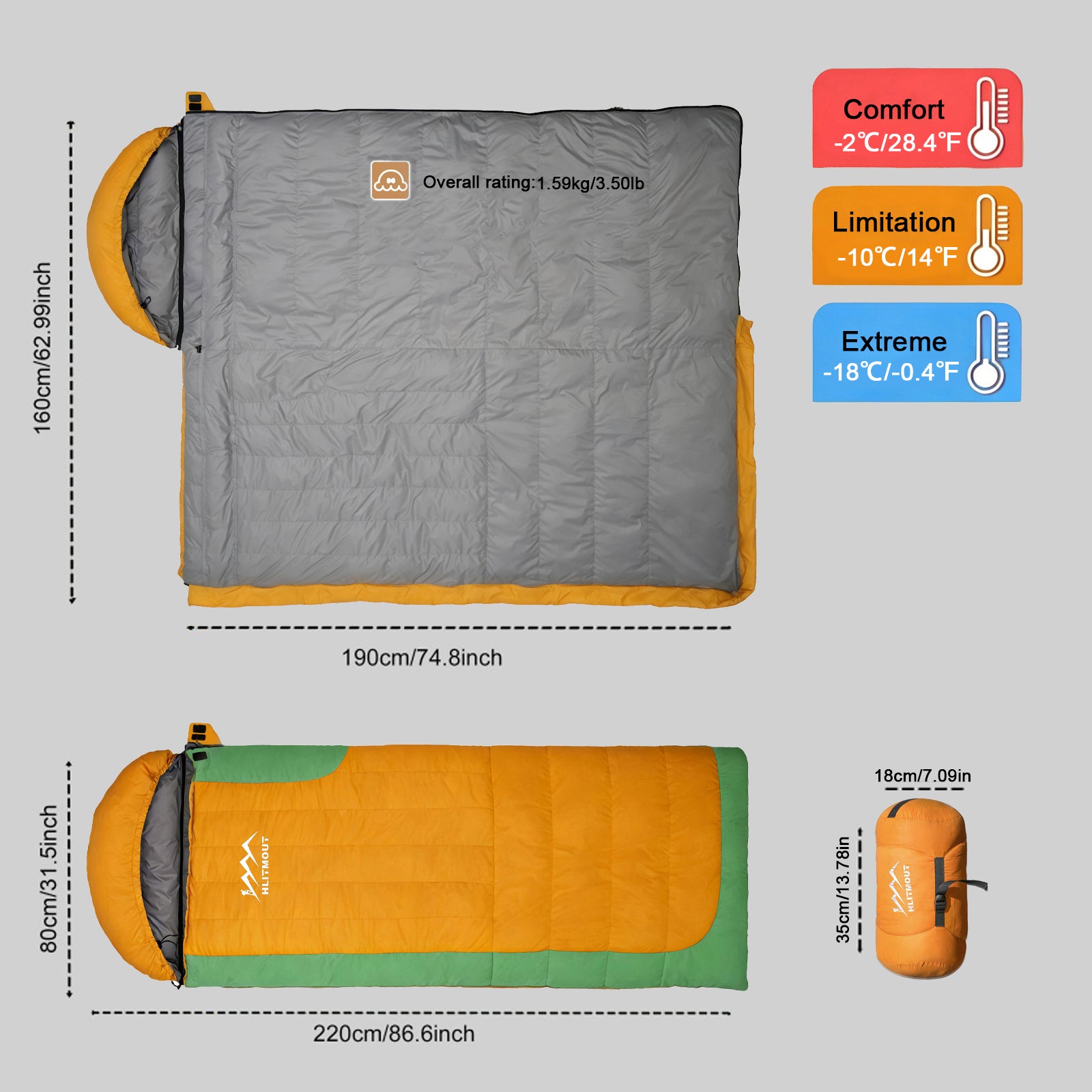 HLITMOUT Women’s Orange Envelope 3-in-1 Down Sleeping Bag | 680FP 1000g Fill for Outdoor Camping