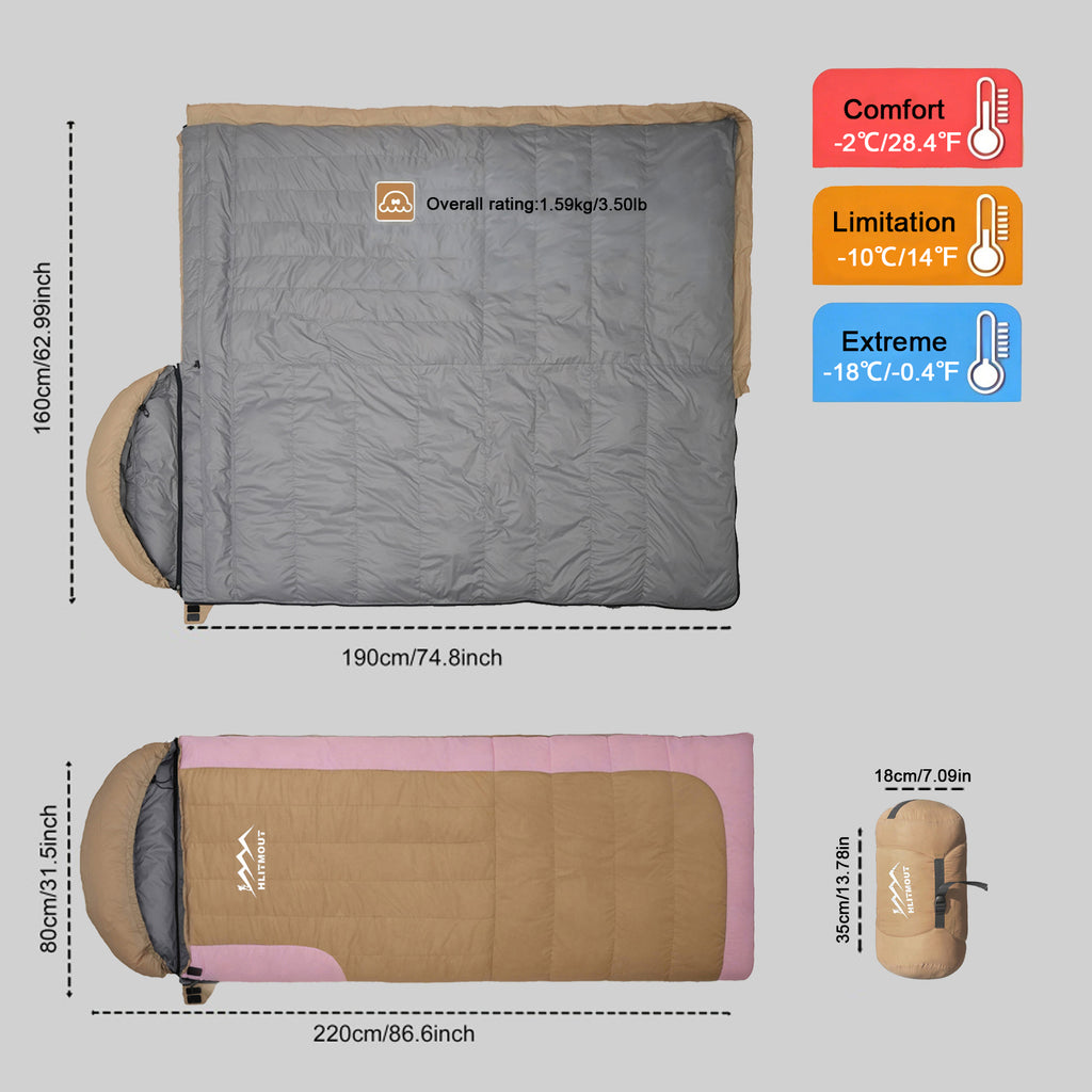 HLITMOUT Women’s Pink Envelope 3-in-1 Down Sleeping Bag | 680FP 1000g Fill for Outdoor Camping