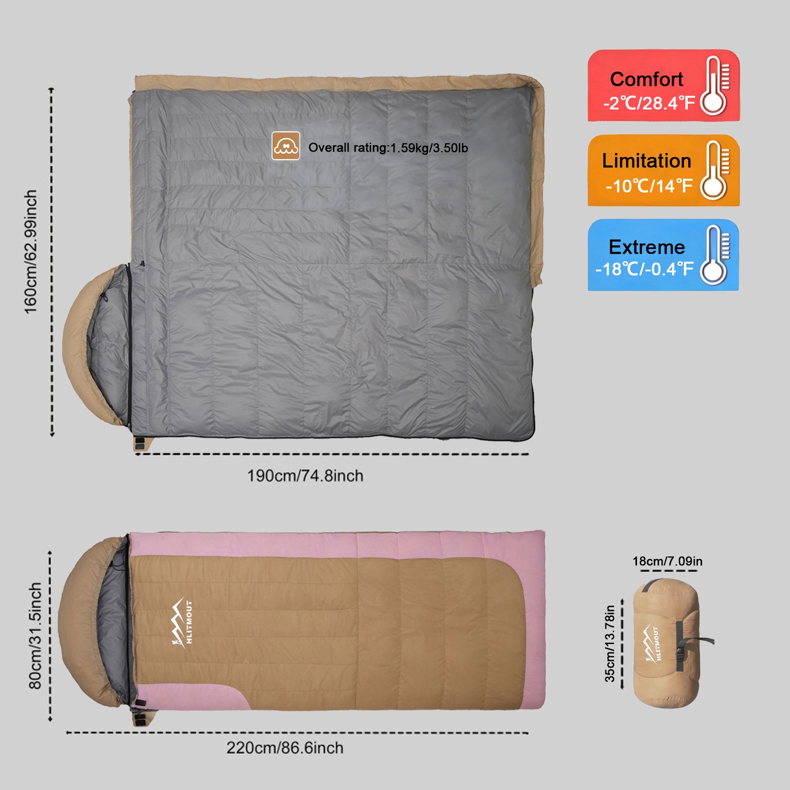 HLITMOUT Women’s Pink Envelope 3-in-1 Down Sleeping Bag | 680FP 1000g Fill for Outdoor Camping