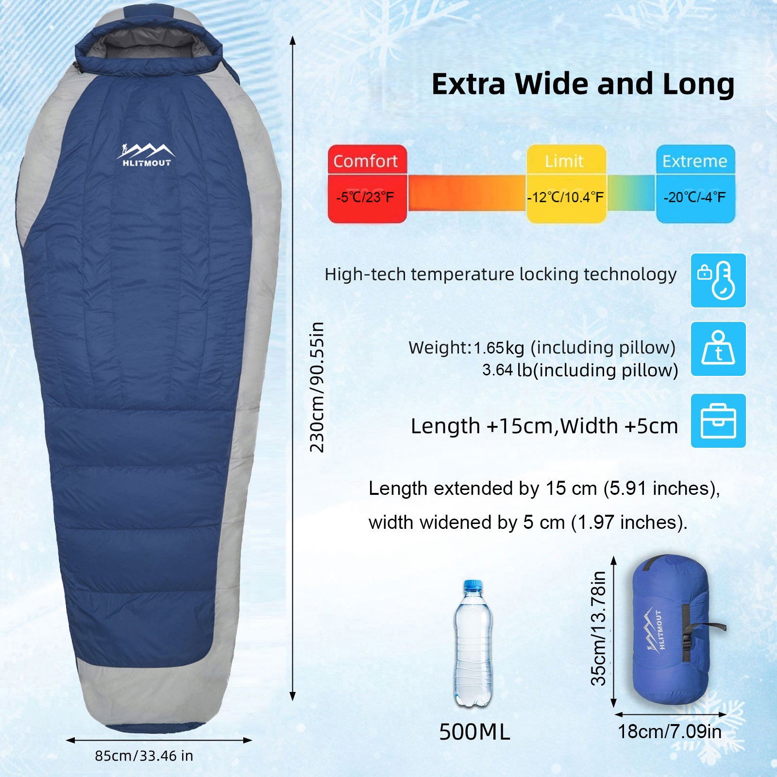 HLITMOUT XXL Oversized Wide Mummy Sleeping Bag, 1000g 680FP Warm Blue Down Sleeping Bag for Cold Weather Camping