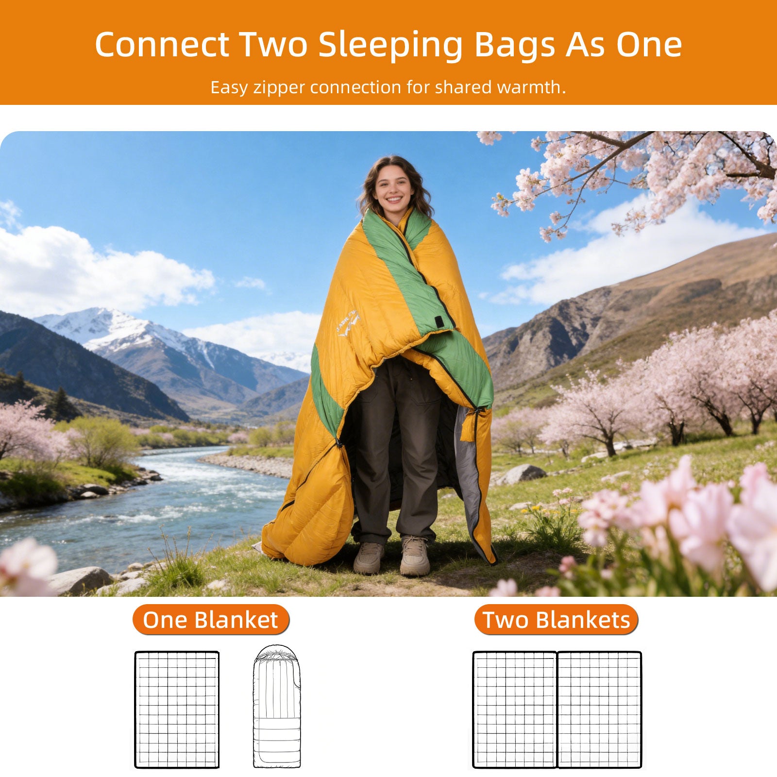 HLITMOUT Women’s Orange Envelope 3-in-1 Down Sleeping Bag | 680FP 1000g Fill for Outdoor Camping