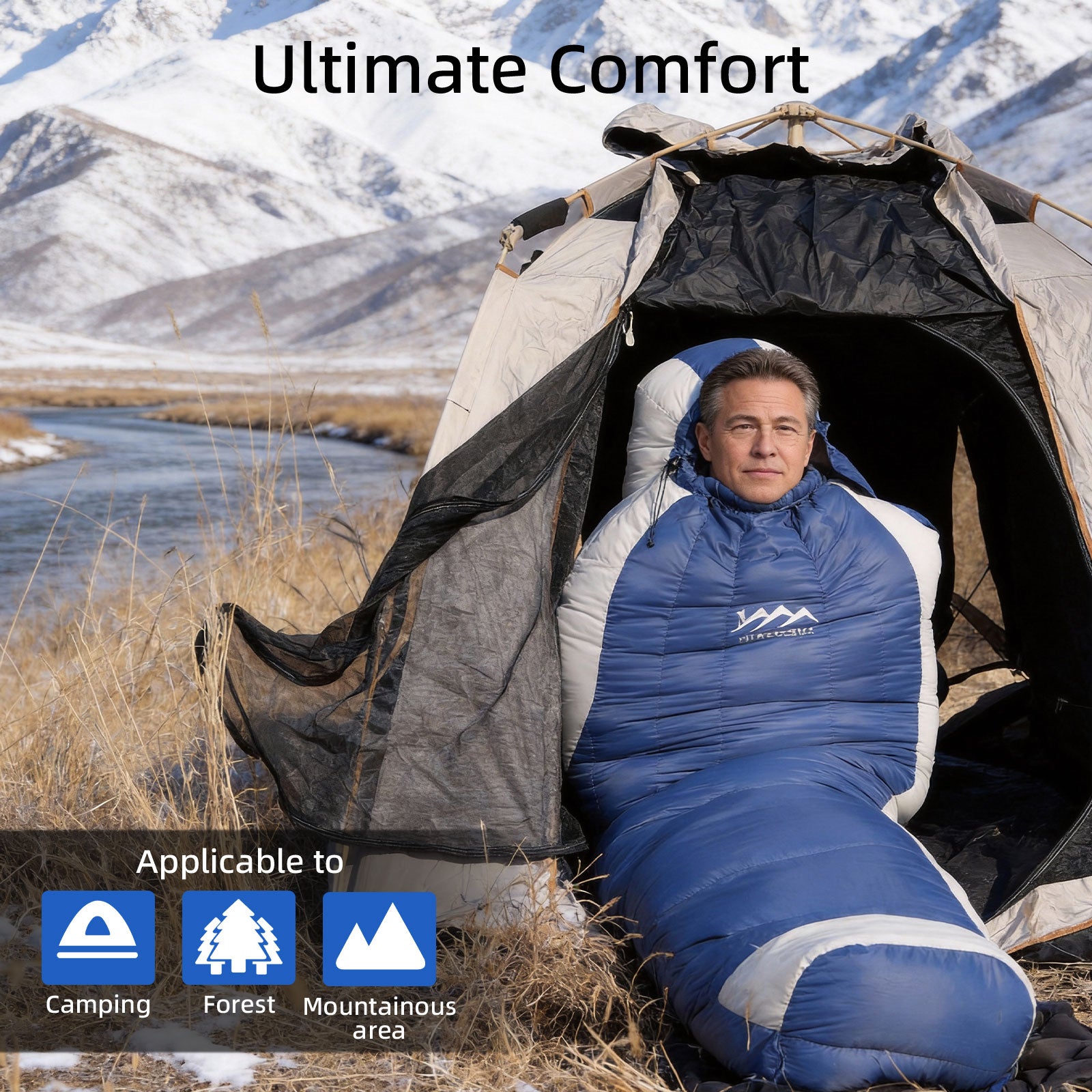 HLITMOUT XXL Oversized Wide Mummy Sleeping Bag, 1000g 680FP Warm Blue Down Sleeping Bag for Cold Weather Camping