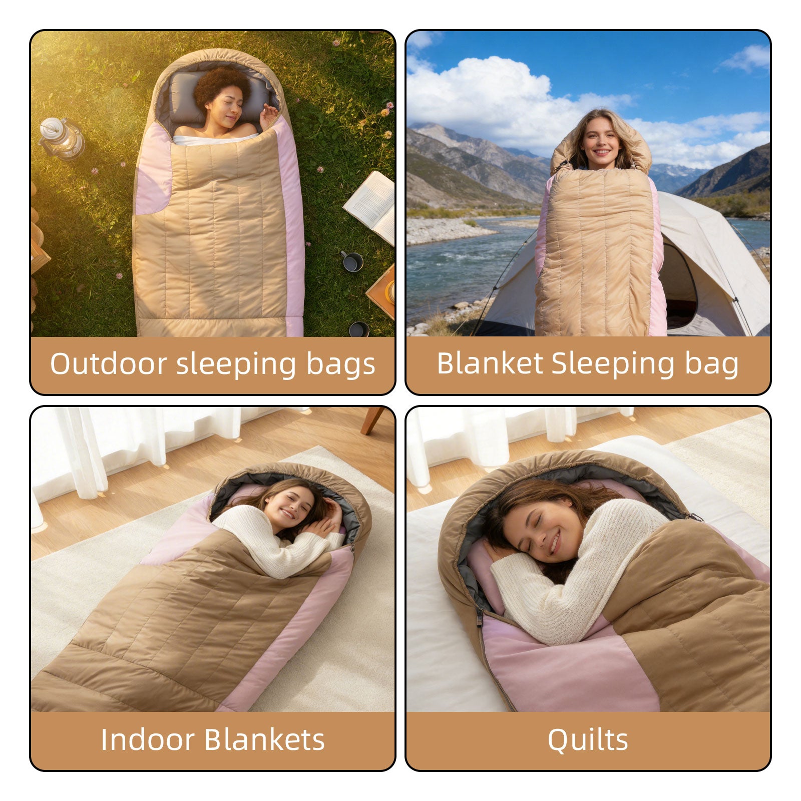 HLITMOUT Women’s Pink Envelope 3-in-1 Down Sleeping Bag | 680FP 1000g Fill for Outdoor Camping