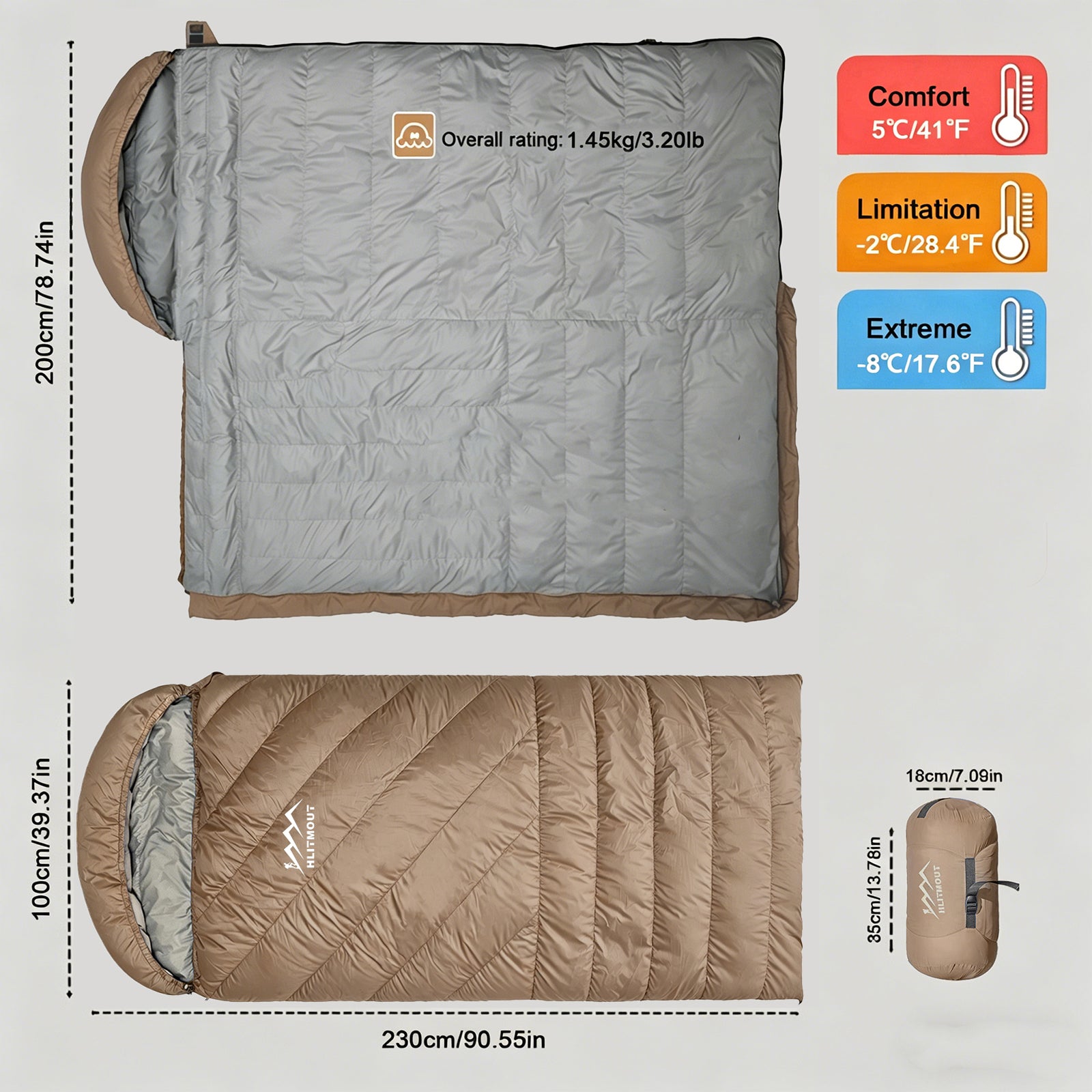 HLITMOUT XXL Down Sleeping Bag | 680FP 800g Fill 230cm×100cm Oversized Wide for Outdoor Camping